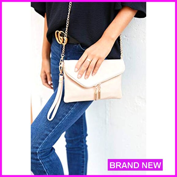 Faux Leather Clutch Crossbody Bag Detachable Chain Strap Wristlet Evening